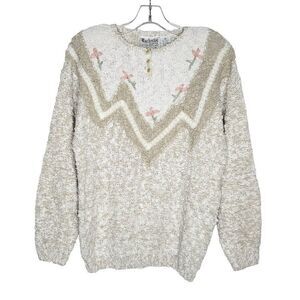 Vitnage 80s Popcorn Knit Sweater M White Floral Embroider Lace Pearl Romantic